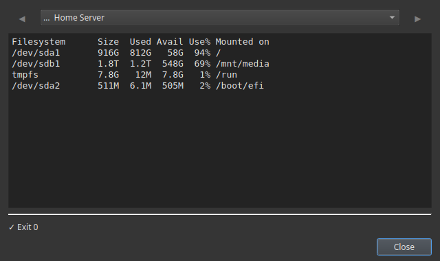 Commandeck's output window showing df -h results, with one drive at 94% full