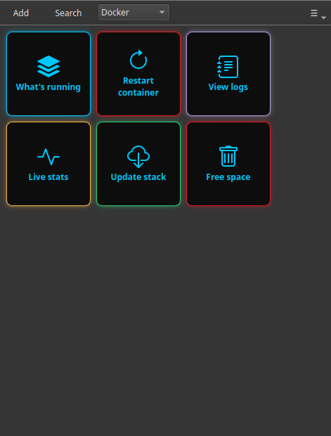 A Commandeck "Docker" category: What's running, Restart container, View logs, Live stats, Update stack and Free space