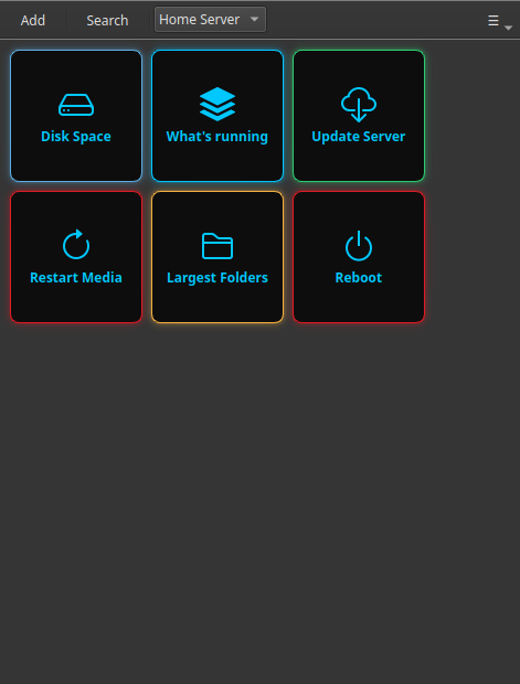 A Commandeck grid of home-server buttons: Disk Space, What's running, Update Server, Restart Media, Largest Folders and a red Reboot