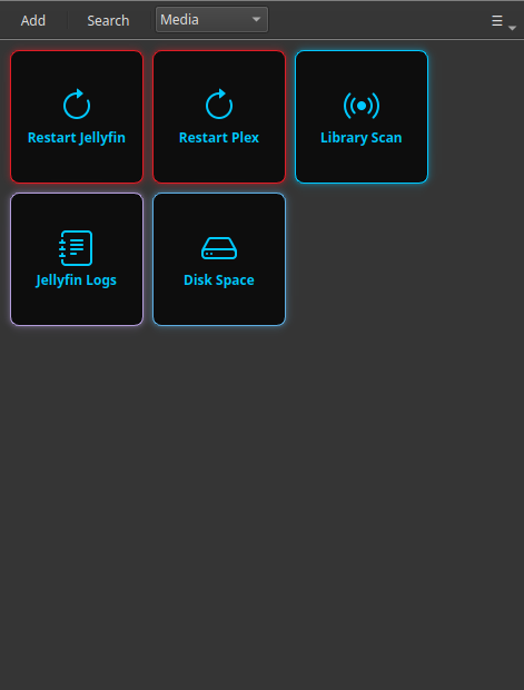 A Commandeck grid with red "Restart Jellyfin" and "Restart Plex" buttons alongside Library Scan, Jellyfin Logs and Disk Space