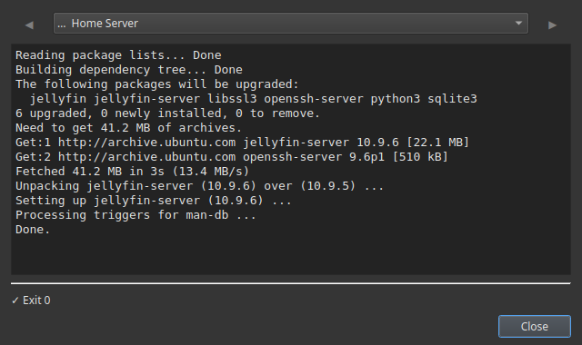 Commandeck's output window streaming an apt upgrade, showing packages being unpacked and configured