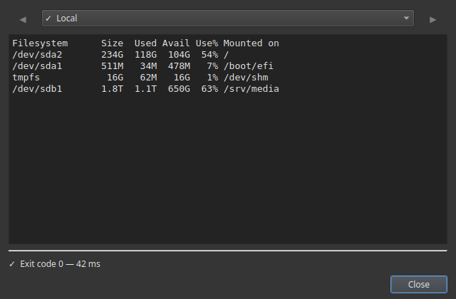 Output dialog showing the result of a command